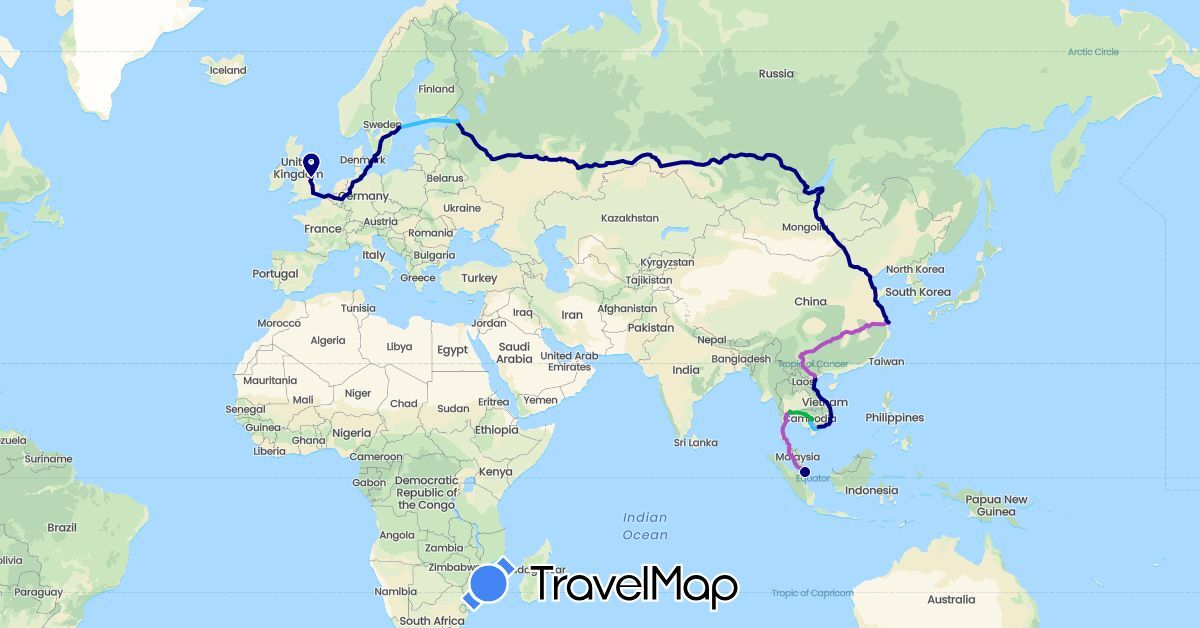 TravelMap itinerary: driving, bus, train, boat in Belgium, China, Germany, Denmark, Finland, United Kingdom, Cambodia, Mongolia, Malaysia, Russia, Sweden, Singapore, Thailand, Vietnam (Asia, Europe)