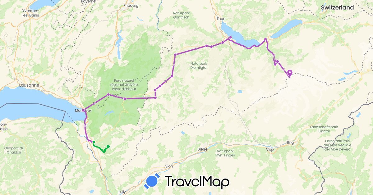TravelMap itinerary: driving, bus, train in Switzerland (Europe)